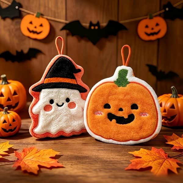 Halloween Hængende Håndklædesæt med Heks- og Græskardesign til Køkken og Badeværelse 1GhostWitch+1Pu