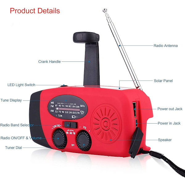 Nödradioväder, Handvevsradio, Bärbar Solar AM/FM NOAA Väderradio, Ficklampa, Powerbank (Röd)