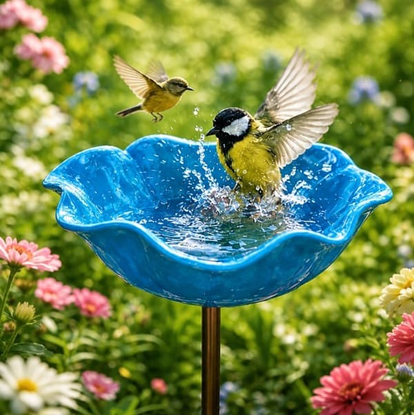 Håndlavet metalfuglebad med blomster, vinterhårdført havefuglebad og insektfoderautomat, blåt sæt med 2 2PC blue