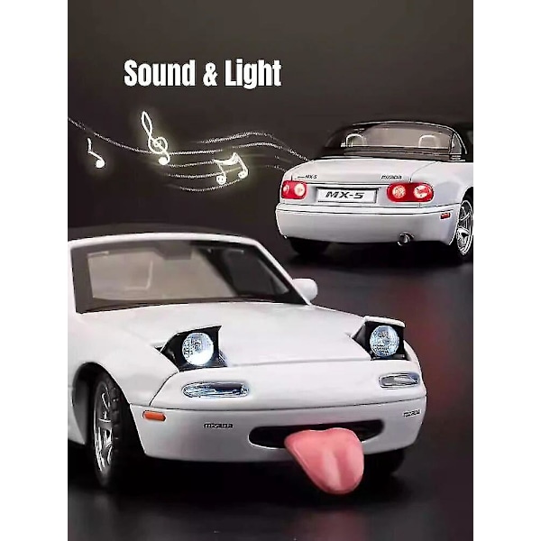 Miniatyr Mazda MX-5 Støpt Modell med Lyd & Lys, Lekerbil med Åpningsbare Dører for Barnesamling [GPA] WHITE