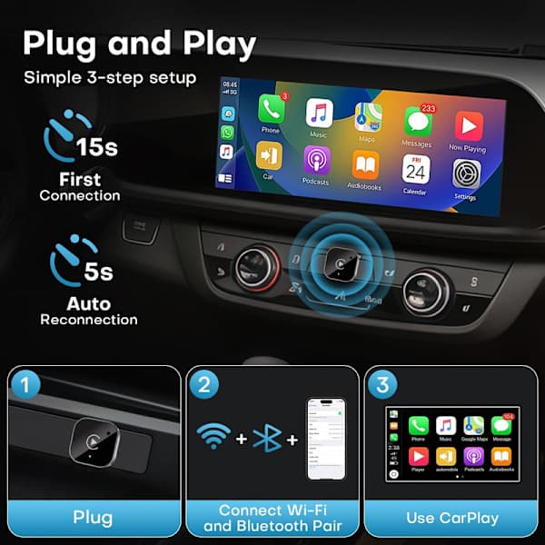 Langaton CarPlay- ja Android Auto -sovitin USB-dongle Plug and Play -yhteydellä