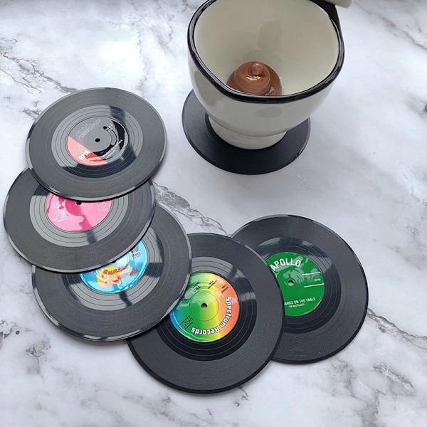 6 st Dryckesunderlägg Retro Skiva Vinyl Skivunderlägg