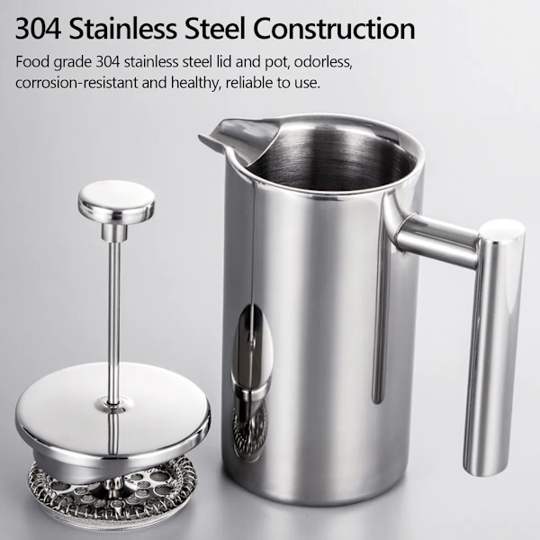 350 ml dobbelvegget rustfritt stål fransk presse kaffebrygger med rustfritt stålfilter, kaffekanne isolert kaffekanne pressfilterkanne kaffepresse