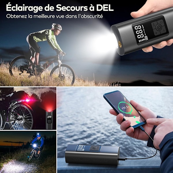 6000mAh Mini Elektrisk Luftpump, Bärbar Luftkompressor Sladdlös Däckuppblåsare 150PSI med Digital LCD-display, Elektrisk Cykelpump med LED-ljus