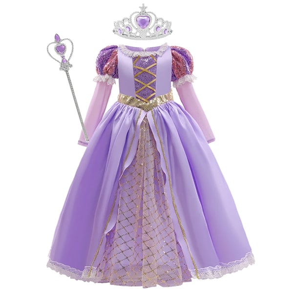 Tytöille tarkoitettu Tähkäpää-mekko, asumekko, fantasia, lastenjuhlat, prinsessa-asu, Halloween, violetit paljetit, verkkomekko Tähkäpää C Set01 Rapunzel C Set01 7-8T(Tag140)