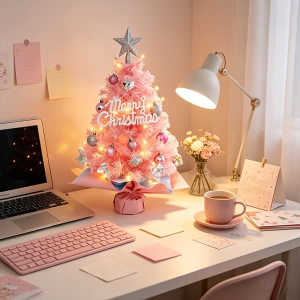 Kunstigt Mini Juletræ med LED-lys og Topstjerne til Skrivebords Julepynt Pink Tree + LED