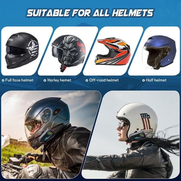 2pcs Universal Motorcycle Headset for 2 Riders with Range Bluetooth 5.3 Headphones and 2-in-1 Microphone for All Helmets