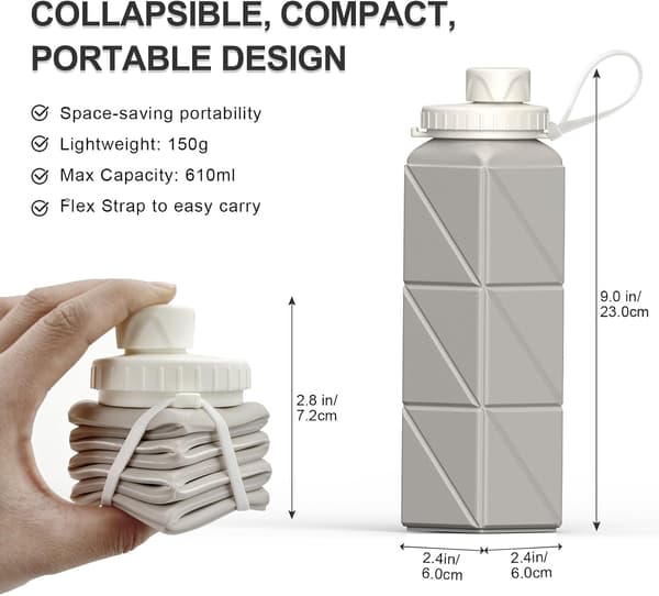 Foldable Drinking Water Bottle 610ml, Portable Silicone Water Bottle, Collapsible Water Container, Lightweight, Reusable blue—yux White