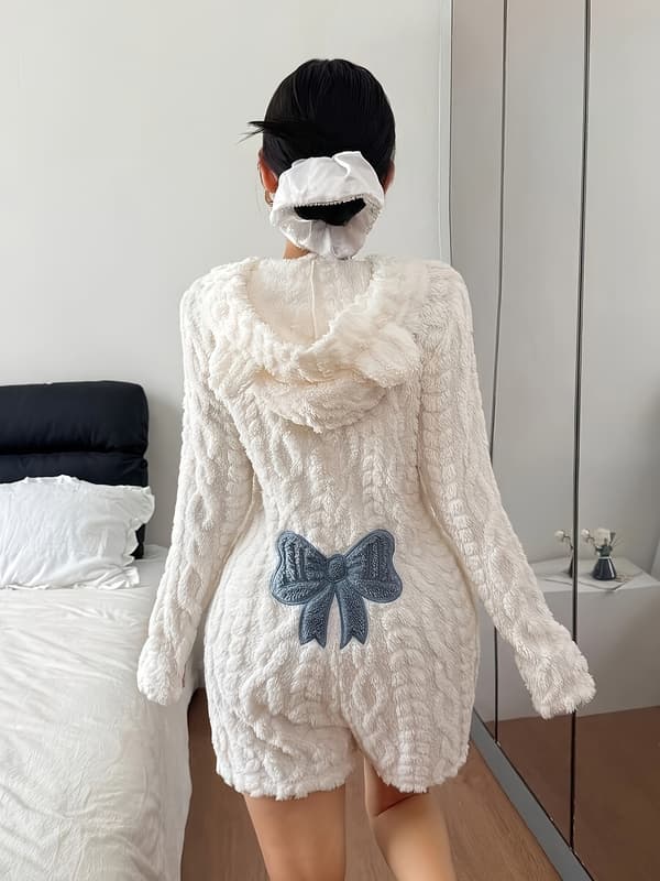 Bodysuit med dyrehette og sløyfebroderi for kvinner, vinterfleece-onesie L Off-white
