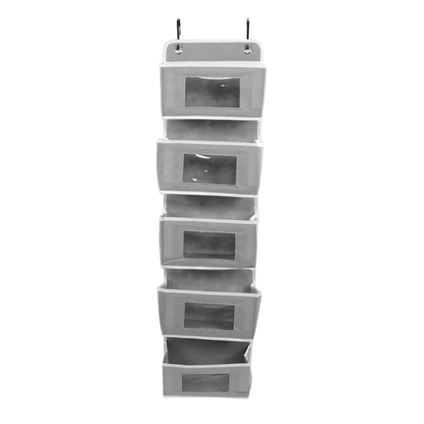 Hanging Wardrobe Organizer Multi-layer Strong Load-bearing Non-woven Over Door Organizer Hanging Organization with 2 Hooks Grey 5 Compartments_yux