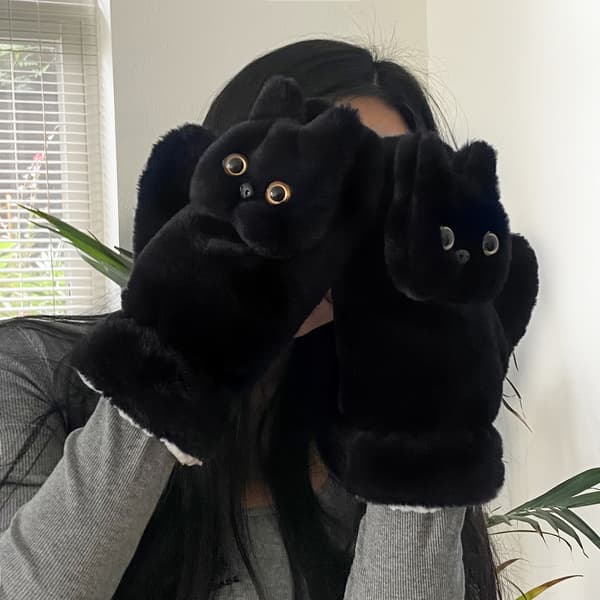 Søde Katte Plys Vinterhandsker Varme Vindtætte Fuld Dækning Udendørshandsker Blk Cat Plush-G
