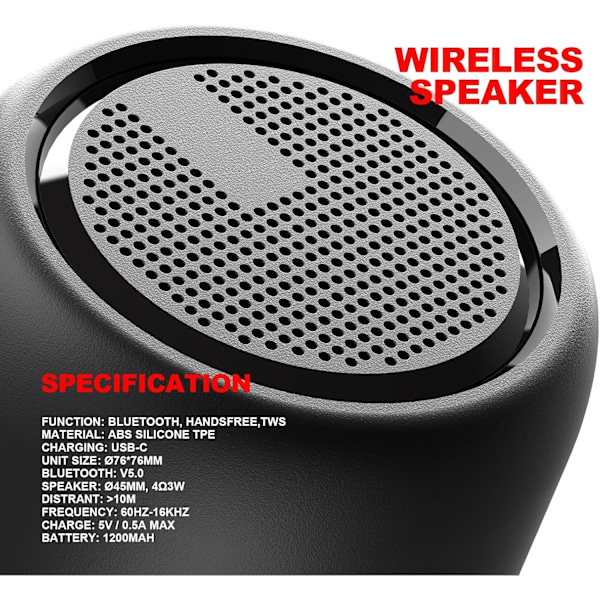 Bluetooth-högtalare, Portabel Mini Trådlös Högtalare Bluetooth 5.0 Utomhushögtalare med HD Stereo HiFi Bas, 1200mAh Batteri för Dusch, Resor, Sport black