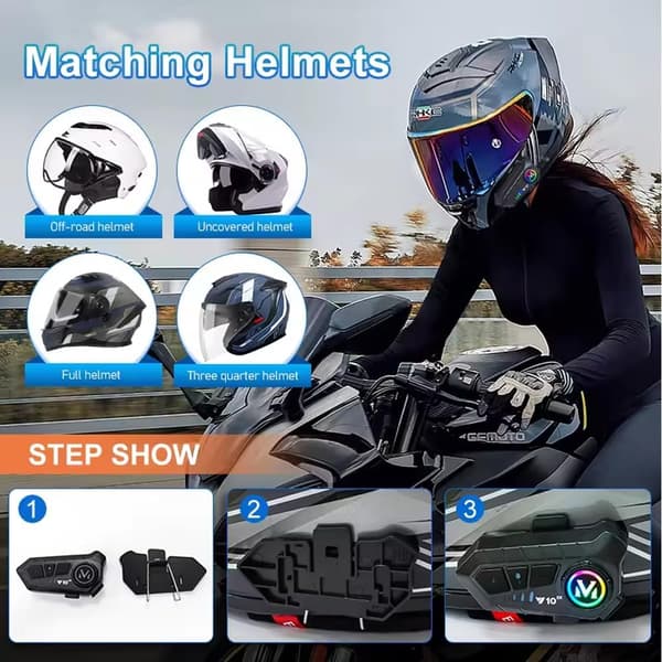 2pcs Universal Motorcycle Headset for 2 Riders with Range Bluetooth 5.3 Headphones and 2-in-1 Microphone for All Helmets