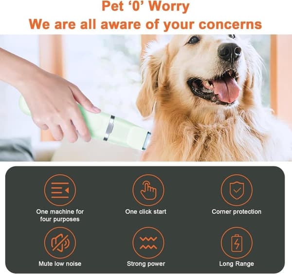 4-in-1 Cordless Dog Trimmer for Thick Fur – Quiet, with 7 Accessories and Diamond-Shaped Nail Grinder green white