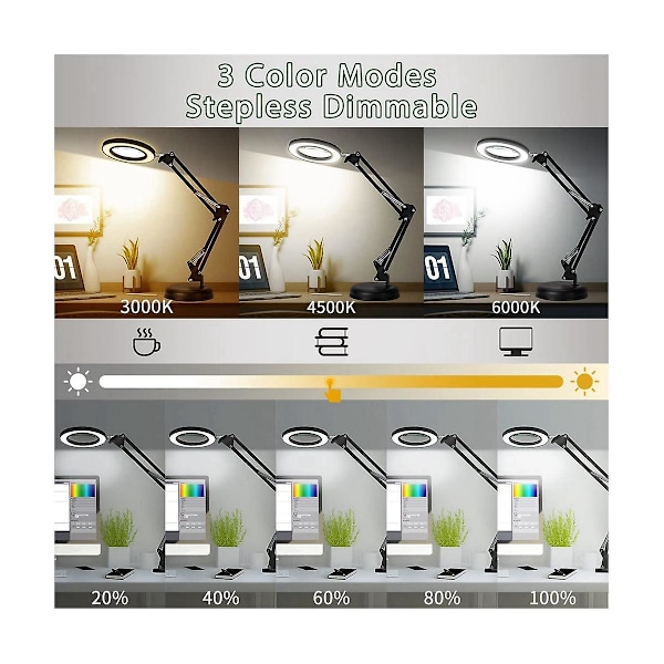 Forstørrelsesglas med lys og stativ, 10x forstørrelseslampe, 2-i-1 bordlampe ...