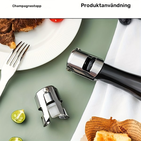 Genanvendelig Champagneprop 2-pak, Forsegling i rustfrit stål til mousserende vin og Cava silvery-2pcs