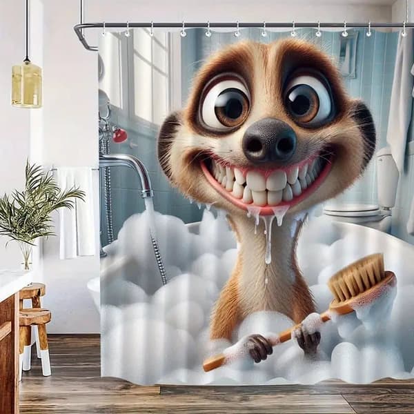 Lekfull surikat duschdraperi, badrumsdraperi med krokar, maskintvättbar polyester 90x180cm