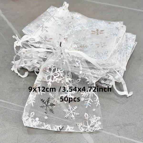 Snöflingeorganzapåsar med dragsko för julbröllopssmyckesförpackningar 9x12cm(25pcs) White Snowflake
