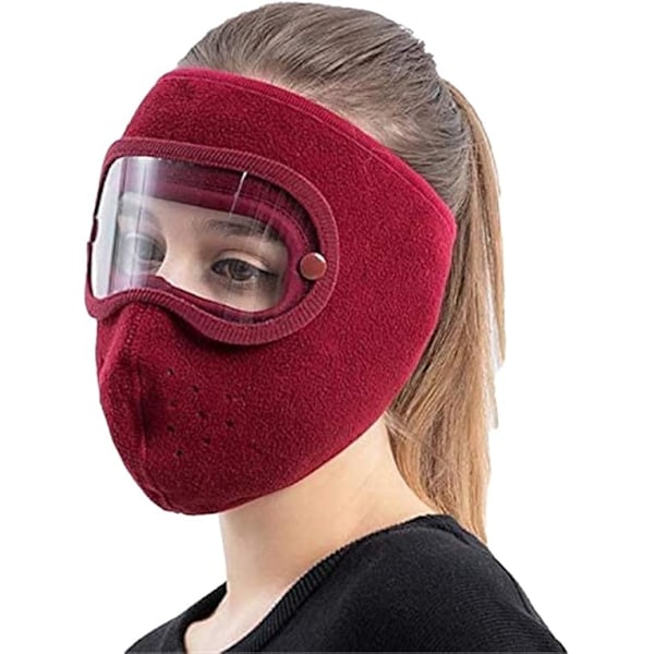 Heltäckande ansiktsskydd, Varm vintermask, Vindtät polarfleece med HD-glasögon, Ansiktsskydd, Munskydd, Vinröd