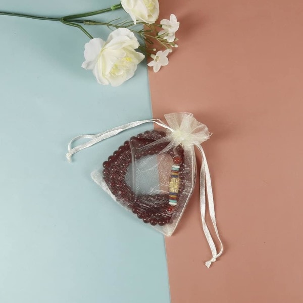 100 beige smykkeposer med snøre i organza, mini poser til slik, små gaver, smykker og øreringe [GP]
