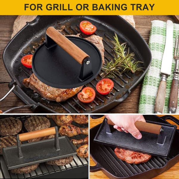 Grillpresse i støbejern med træhåndtag til bøffer, sandwich og bacon Round/Rectangle