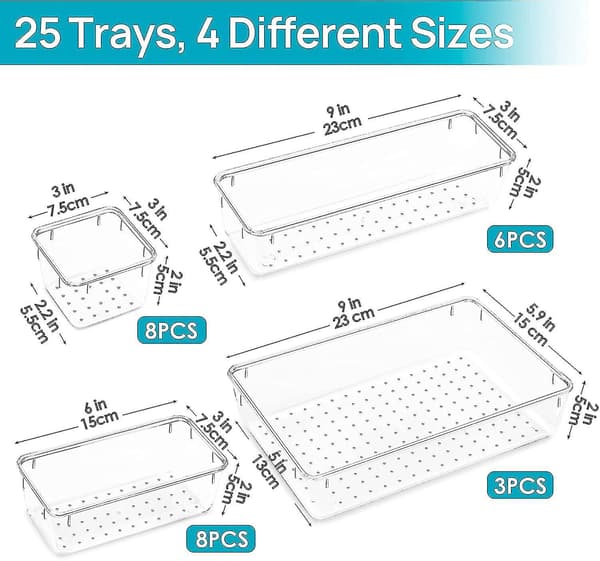 25-piece Clear Plastic Drawer Organizer Set, 4 Sizes, Versatile Bins for Bathroom and Makeup Drawers