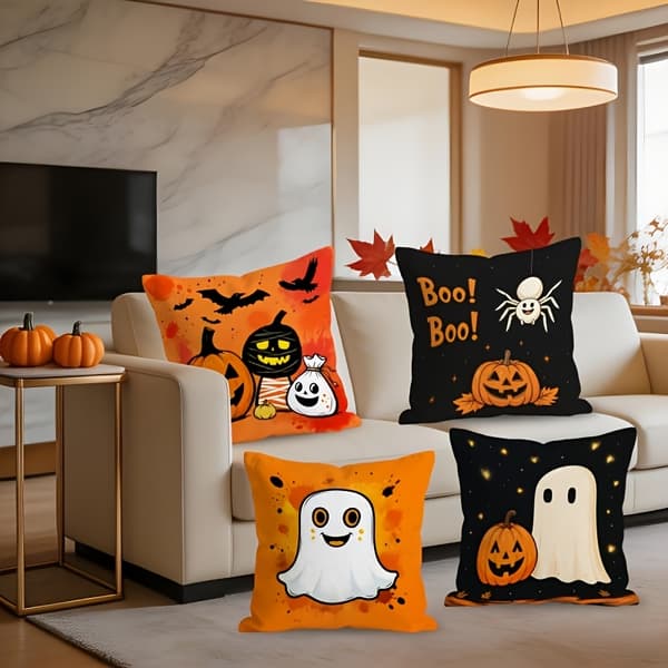 Halloween-kuddfodral med tryck av pumpa, fladdermus och spindel för soffa och heminredning 4pcs-30x30cm