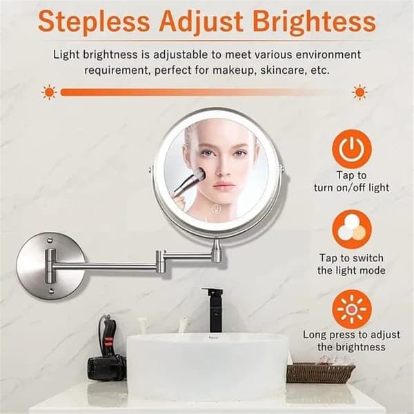 Wall-mounted makeup mirror with lighting - 8 inch, 3x/10x magnification, dimmable with 3 light modes, 360° rotatable double-sided mirror Silver Silver 10X