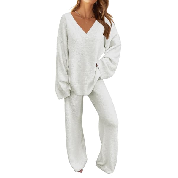 Dame 2-delt klessett, lodden fleece pyjamas sett langermet, hvit XL