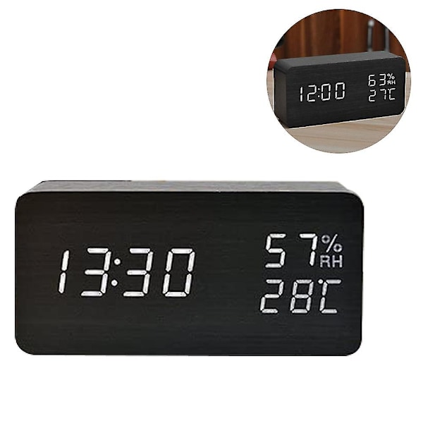 Digital träväckarklocka med 3 larm, elektronisk LED-display, 3 ljusstyrkenivåer och temperatur, perfekt för sovrum, säng, D