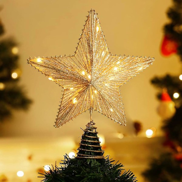 Stjerne til juletræstop i guld med glitter og 10 LED-lys, juletræspynt