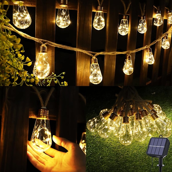 Aurinkokennovaloketju ulkokäyttöön - 8M 16 LED vedenpitävät puutarhavalot hamppuköydellä (lämmin valkoinen)