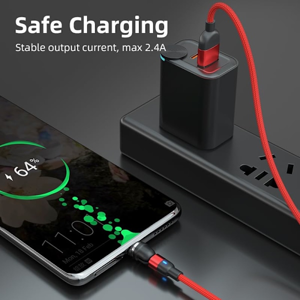 Latauskaapeli, 540° kääntyvä magneettinen matkapuhelimen latauskaapeli LED-valolla, punottu nailoninen magneettinen matkapuhelimen latauskaapeli (punainen)