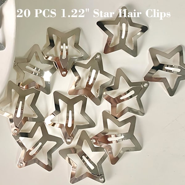 20 STK 3,1 cm Stjerne Hårtilbehør - Sklisikre Metall Snap Clips og Hårspenner for Jenter og Kvinner