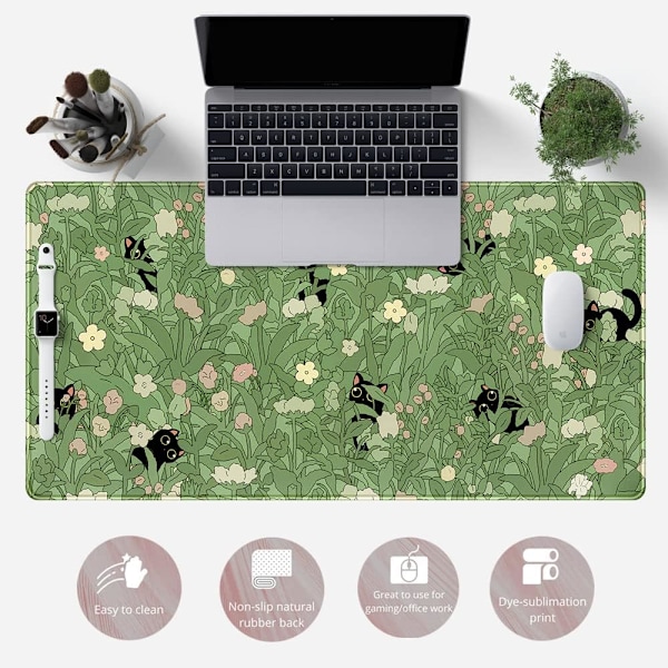 Grön Skrivbordsmatta XL Söt Katt Cool Skrivbordsmatta Tangentbordsmatta Kawaii Svart Katt Blomma Musmatta Grön Skrivbordsmatta Skrivbordsdekor med Sydda Kanter 80x40 cm