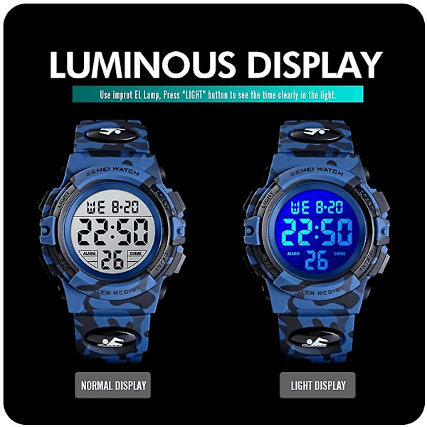 Drenge Digitalt Sport Vandtæt Elektronisk Børneur Alarmur 12/24 H Stopur Kalender Dreng Pige Armbåndsur