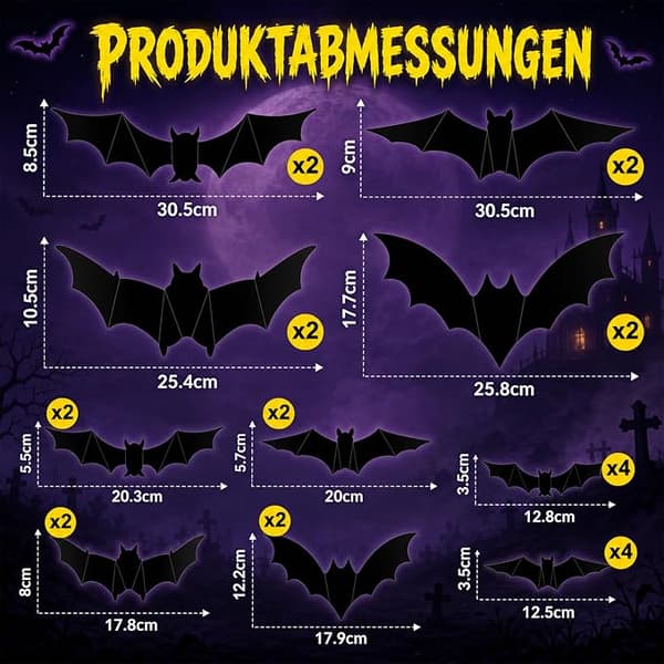 Halloween-dekorasjon utendørs 24 lysende 3D-flaggermus for dør og vindu | Inkluderer 24 LED-lys og selvklebende puter bat 24pcs