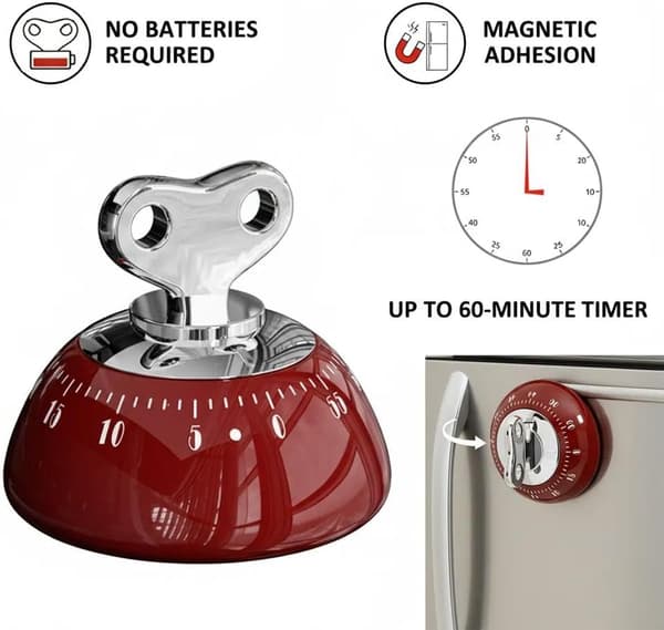Retro magnetisk mekanisk 60-minuters uppdragbar timer, inga batterier. Högljudd alarm bärbar ABS-timer för matlagning, bakning, klassrum (röd)
