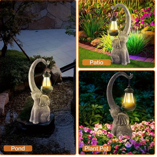 Solar Elefant Statue Udendørs Havedekoration med LED-lys til Gårdhave Græsplæne Terrasse 2pcs upgrade
