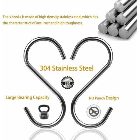 10-pack Multifunctional S-hooks, Stainless Steel 304 S-hooks for Kitchen, Office, Silver