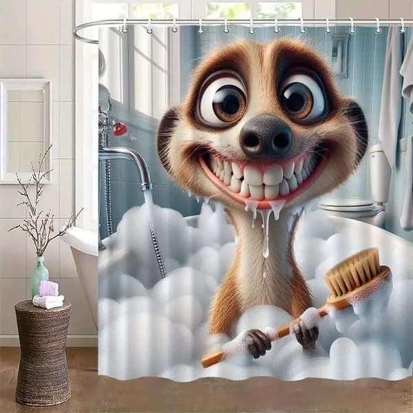 Lekfull surikat duschdraperi, badrumsdraperi med krokar, maskintvättbar polyester 90x180cm