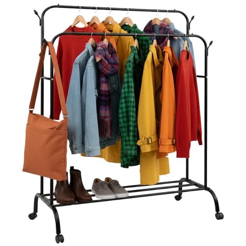 Clothes rack on wheels double rod with shelf and hooks black 150 cm 1000