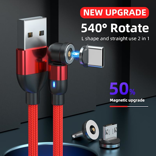 Latauskaapeli, 540° kääntyvä magneettinen matkapuhelimen latauskaapeli LED-valolla, punottu nailoninen magneettinen matkapuhelimen latauskaapeli (punainen)