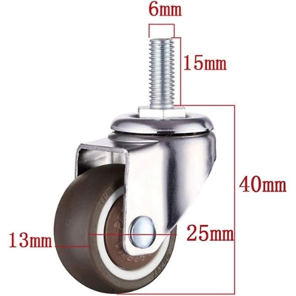 4 kääntyvää huonekalun pyörää - M6 X 15mm - 25mm kierteellä - Pehmeä kumi - TPE-kierre - Mini huonekalun pyörät (25mm)