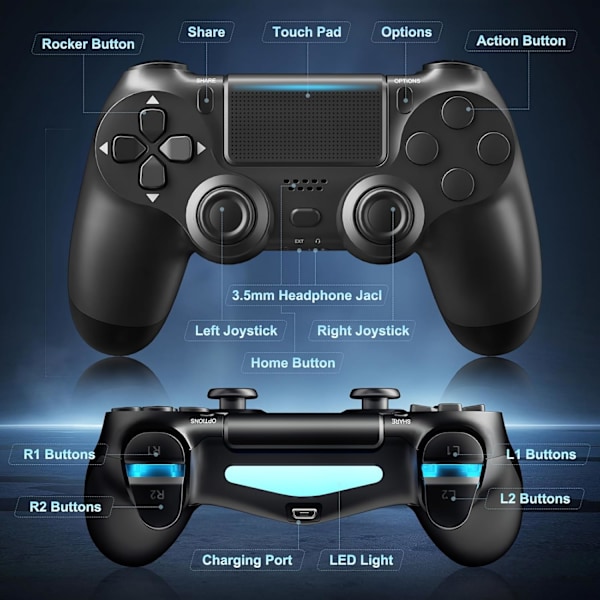 Trådløs Controller 2-pak til PS4/Slim/Pro, Controllere til PlayStation 4 med Dobbelt Vibration/3.5mm Lyd/Opladningsport og 2 stk. Kabler sort black