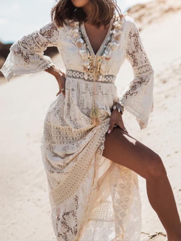 Sommar Boho Långklänningar Dam Spets V-ringad Spaghetti Rem Off Shoulder Strand Solklänning Vit[GPA] LXDS18 White S