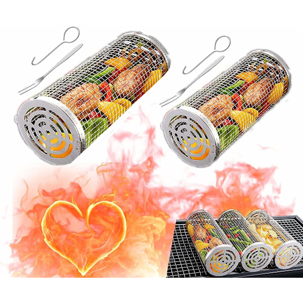 2-pak Grillkurv i rustfrit stål, 2 kroge og 2 gafler. Rullegrill [GP]