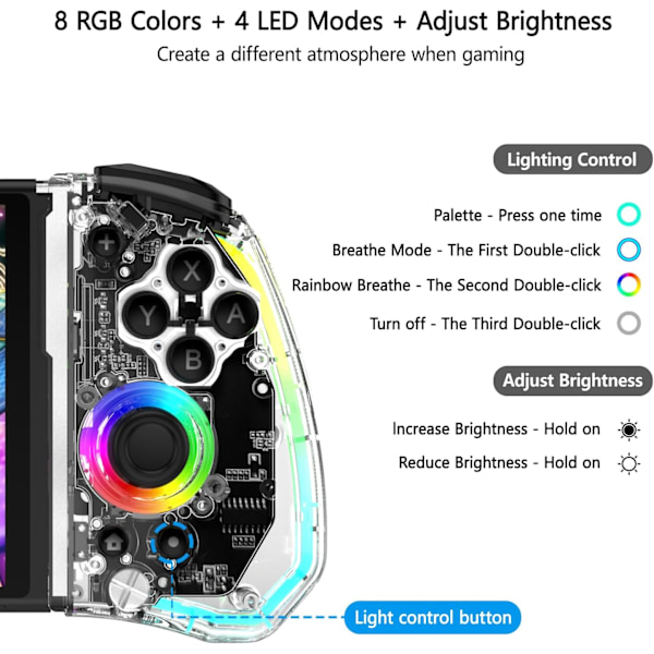 Switch-kontroll för Nintendo Switch/OLED, Ersättningskontroll för Joycon, Handhållen Switch-grepp med 8 RGB-färger