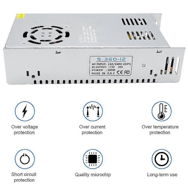 12V 30A 360W, DC Universell Regulert Switching Strømforsyning, Konverter AC 110/220V til DC 12 Volt LED Driver, Transformator, Adapter for LED Strip
