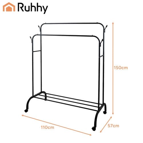 Clothes rack on wheels double rod with shelf and hooks black 150 cm 1000